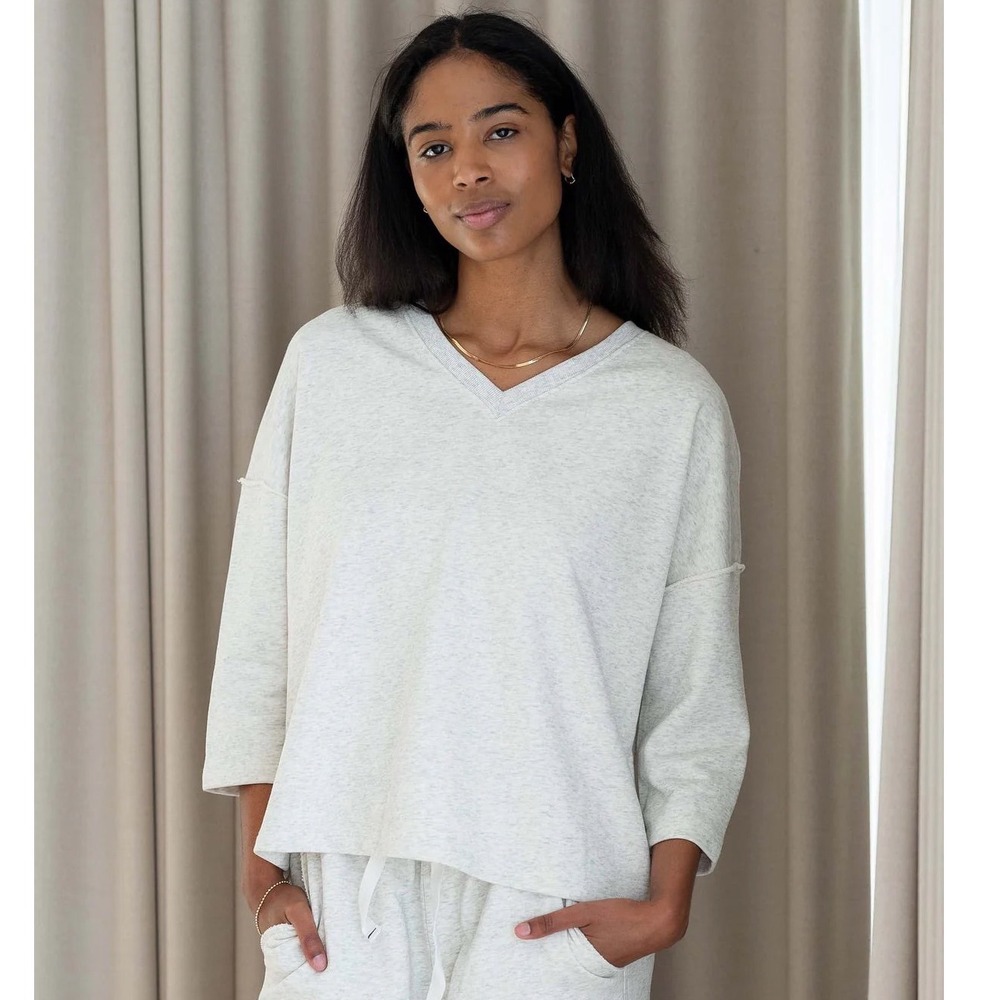 Mersea Frenchie Raw Edge‎ V-Neck French Terry Cotton Sweatshirt Heather Gray OS